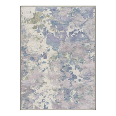 Machine Washable Abstract Blue / Lavender / Ivory Area Rug With Non-Slip Backing