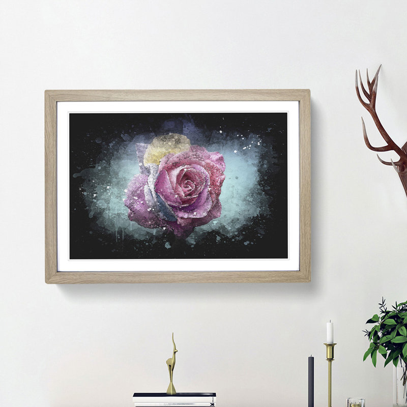 Multi-Coloured Rose Flower - Picture Frame Graphic Art Print, 24cm H x 33cm W x 2cm D, Oak Framed