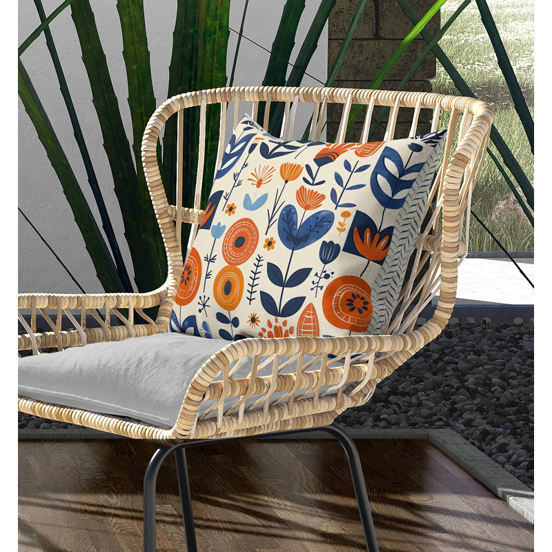 Coussin intérieur / extérieur Baltic Blossoms, Bleu / beige / orange, Carré 26 po