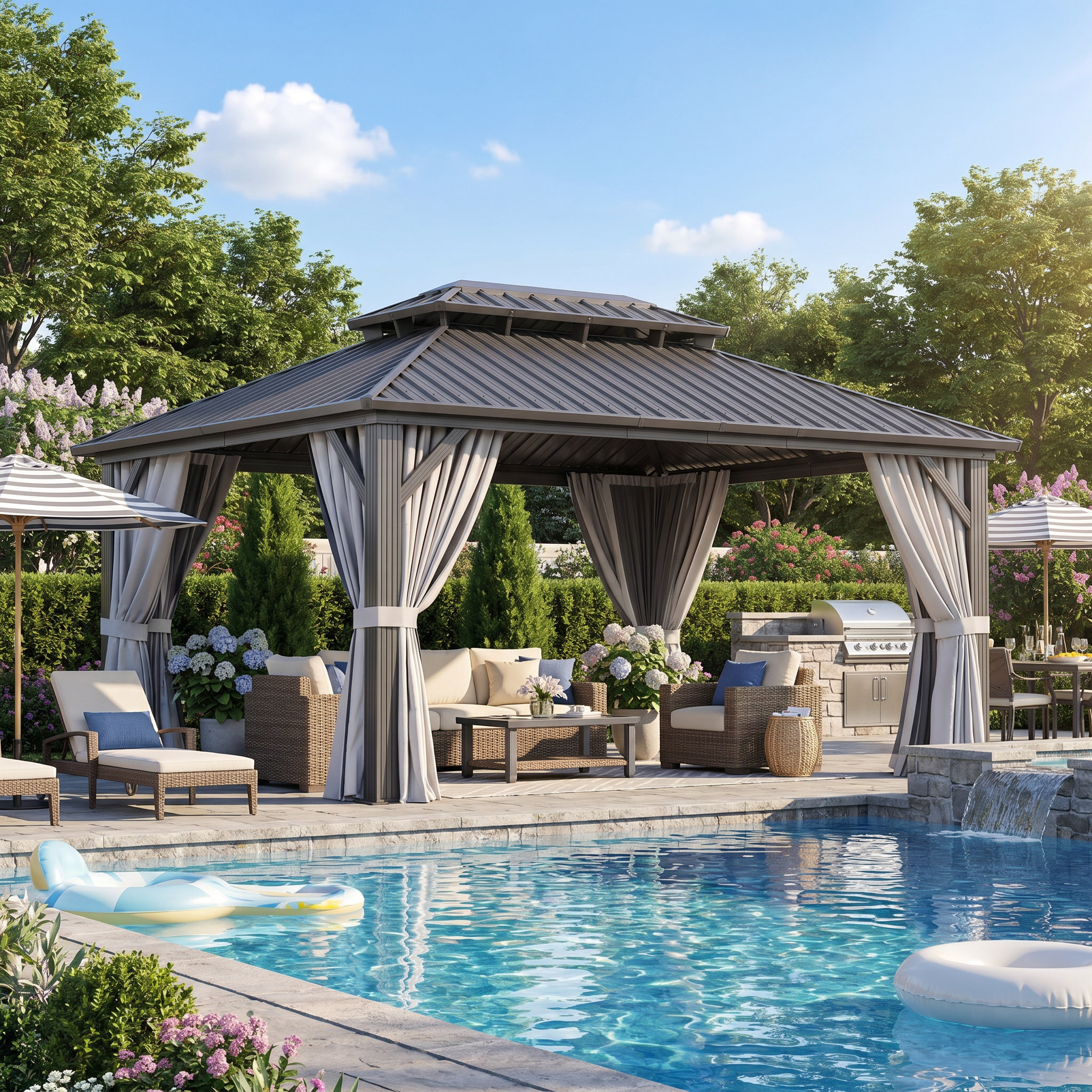 Toit Permanent JolyDale Pavillon de jardin permanent en aluminium avec double toit et ...