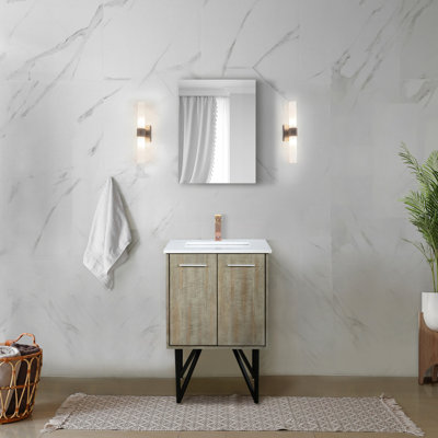 Rustique 24 po Large meuble-lavabo, comptoir en quartz blanc, robinet en or rose avec poignée simple et comptoir de salle de bain 18 miroirs avec levier