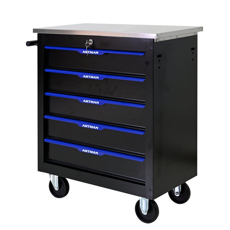 Chariot multifonctionnel à 5 tiroirs avec roulettes noir et bleu