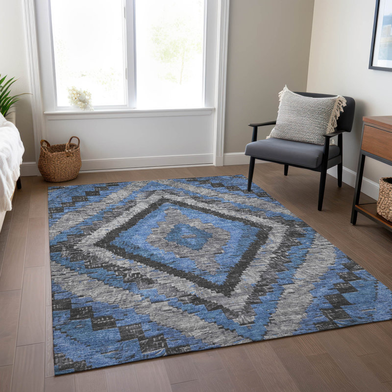 Tapis bleu intérieur / extérieur lavable à la machine Xhevrie, Rectangle 9 pi x 12 pi