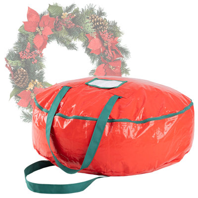 Wreath Storage Bag - 24-inch Organizer for Artificial Christmas Wreaths and Garland - Holiday Themed Tote with Green Handles