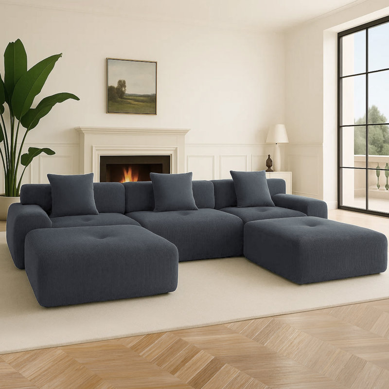 Boneless Corduroy Modern Compressed Block Sectional Couch, Gray Corduroy