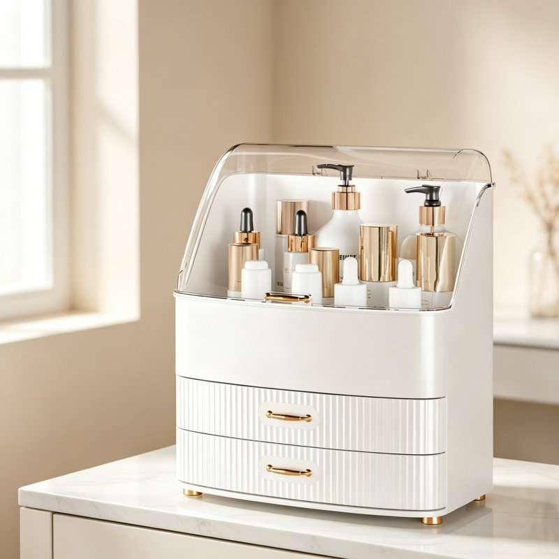 White Makeup Organiser with Lidded Storage & Drawers, Large Capacity Cosmetic Skincare Display Storage Box, Multi-Purpose Vanity Organiser for Dresser & Bathroom Countertop