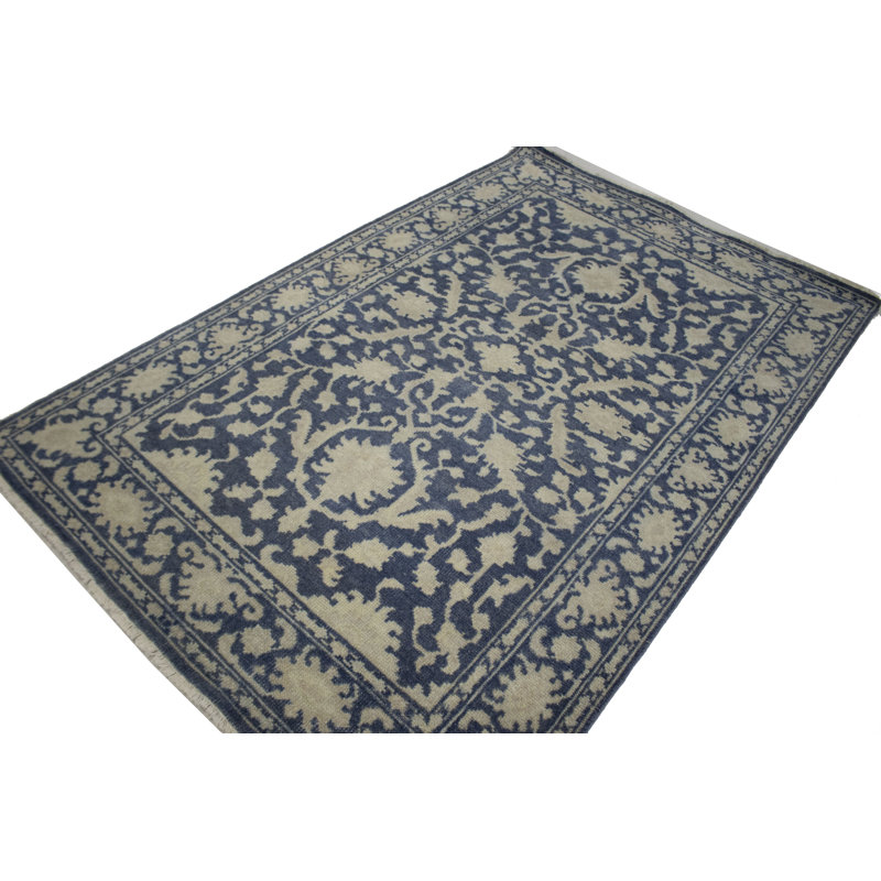 Tapis bleu ardoise à motif floral 5 x 8