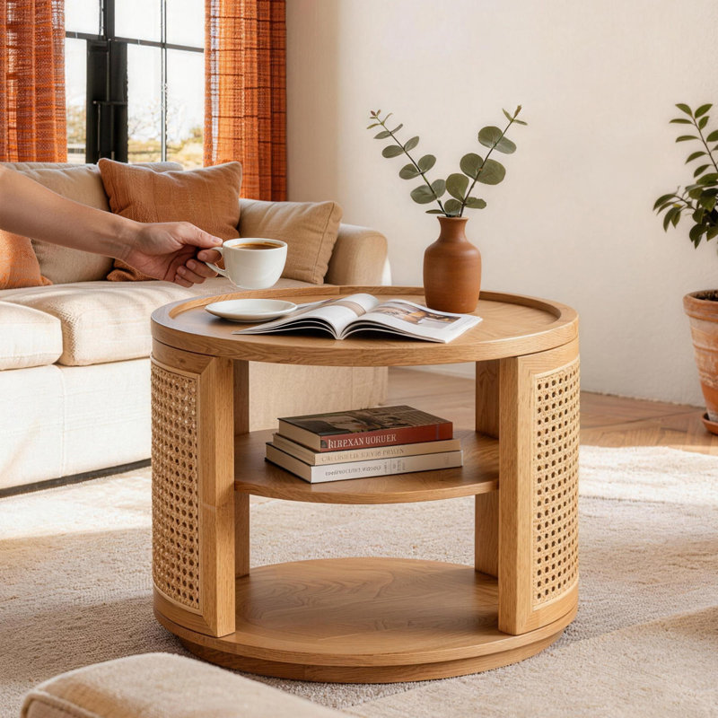 19.7'' Vintage Round Rattan Solid Natural Wood Side Table With 2 Tier Storage Farmhouse For Living Room&bedroom, Natural Wood