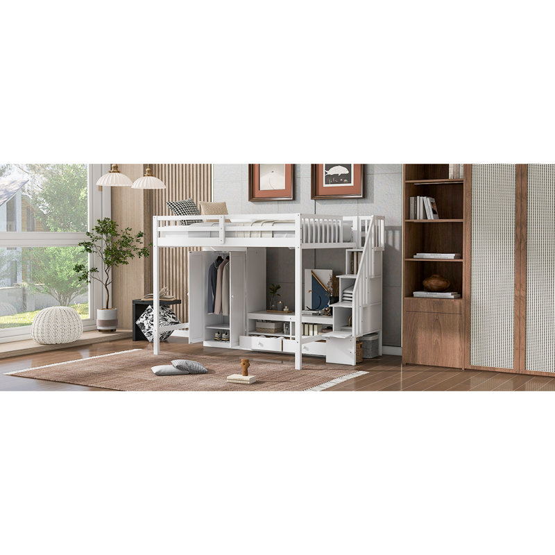 Structure de lit double pleine grandeur avec garde-robe, table de rangement basse et escalier de rangement, Blanc