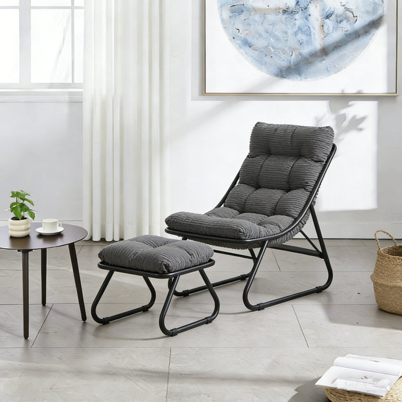 Patio Outdoor Lounge Chair with Ottoman, Comfy Sling Recliner Chair with Puffy Cushion and Foot Stool, Ideal for Living Room, Bedroom, Reading Room