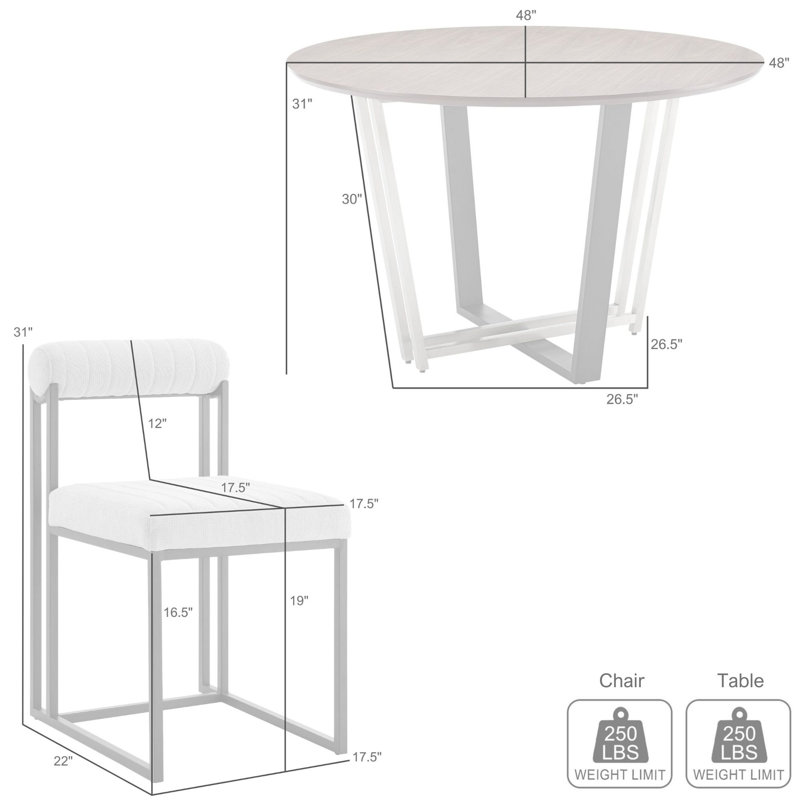 Mirjanka 5 Piece 48" Round Walnut Dining Table Set with Matte Black Iron and Light Gray Faux Leather
