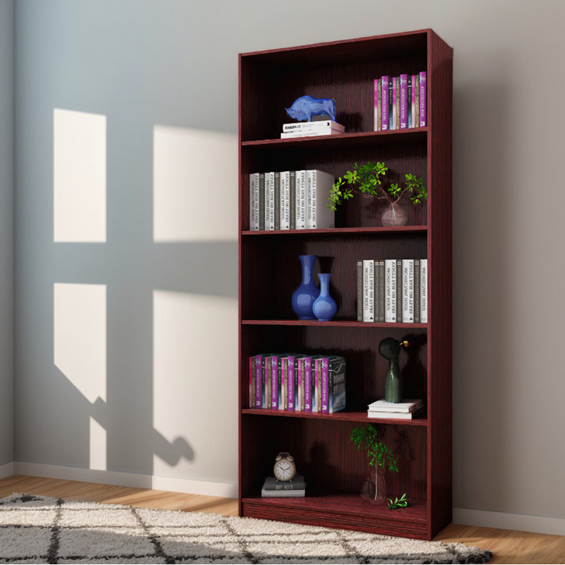 Five-Shelf Wooden Bookcase Display Cabinet With Elegant Bottom Front Moulding,Classic Mahogany Finish For Living Rooms, Offices And Libraries