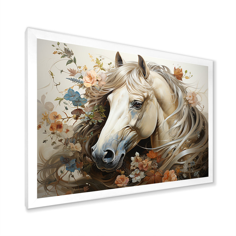 «Blooming Horse symbolism I» - art mural cheval, H 24 po x l 32 po x P 1 po, Cadre simple blanc