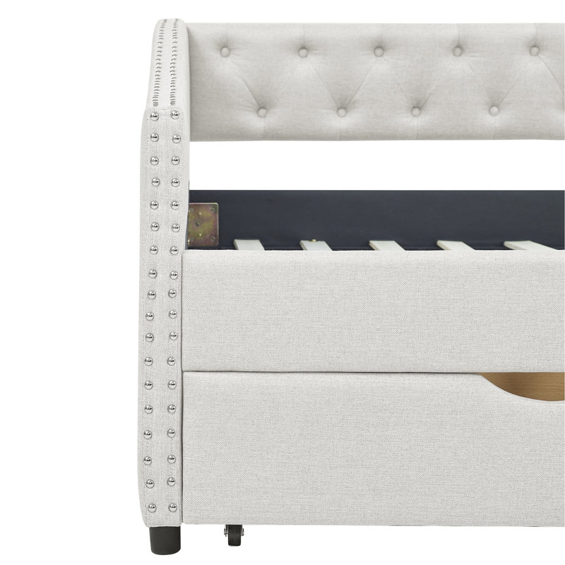Lit de jour simple rembourré avec tiroirs en beige - Rembourrage en mousse de lit moderne et fonction de rangement pour le salon Siège confortable Chambre à coucher avec cadre renforcé