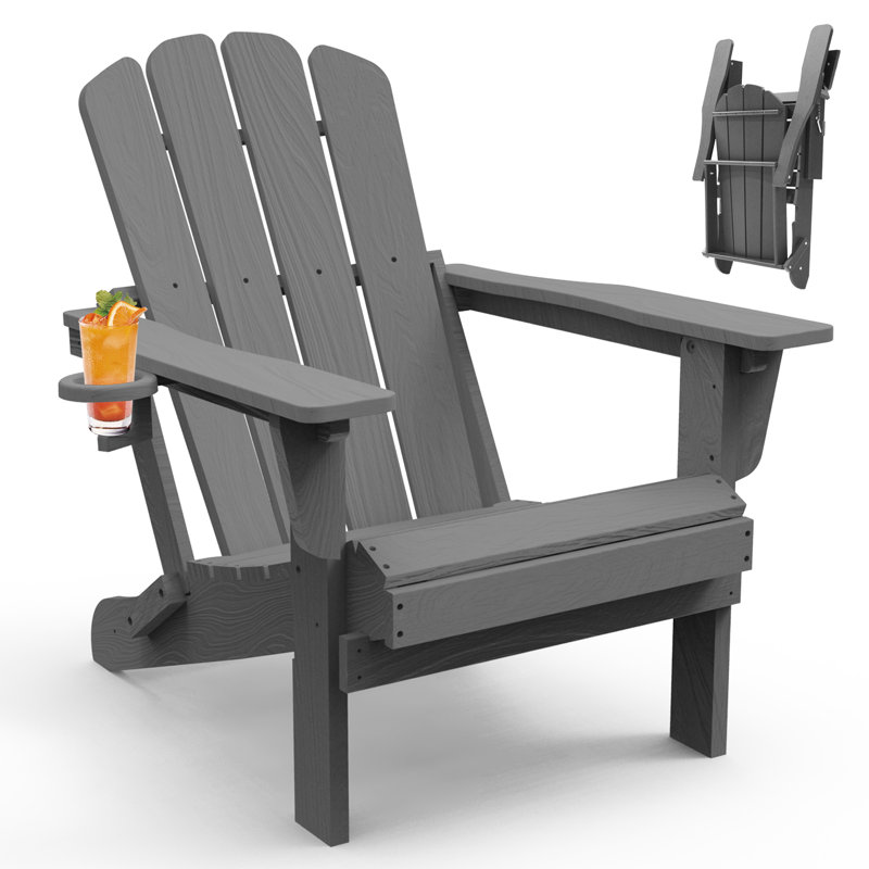 All-Weather HDPE Folding Adirondack Chair Outdoor Patio Fire Pit Chair with Cup Holder, Gray