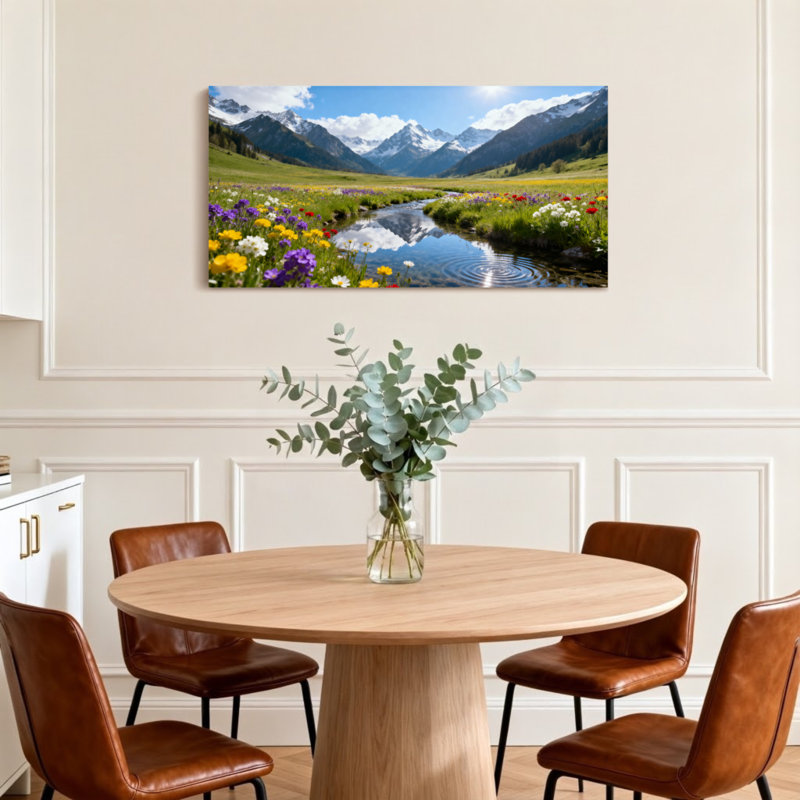 Paysage et nature Ruisseau de montagne avec reflets de fleurs sauvages, H 28 po x l 58 po