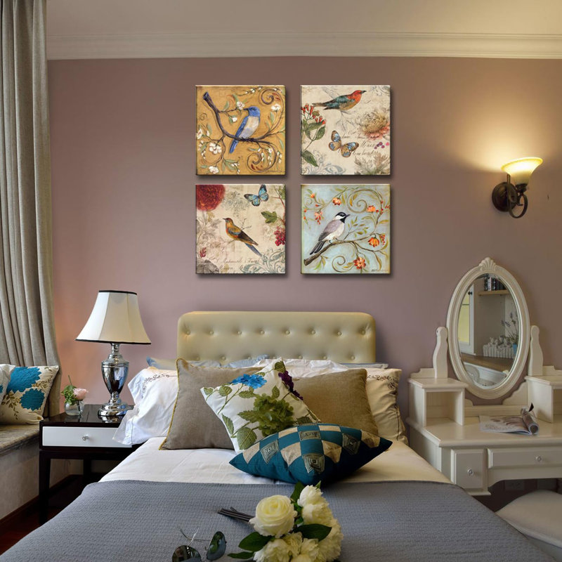 Fleurs, oiseaux, art mural sur toile