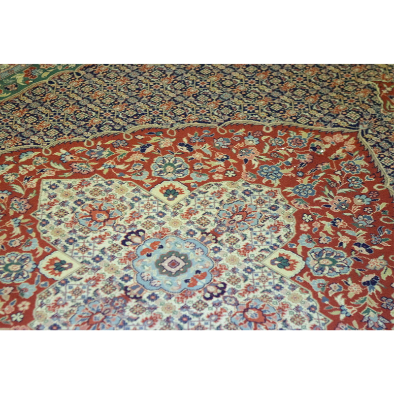 Hand Knotted Wool Oriental Area Rug in Navy And Rust