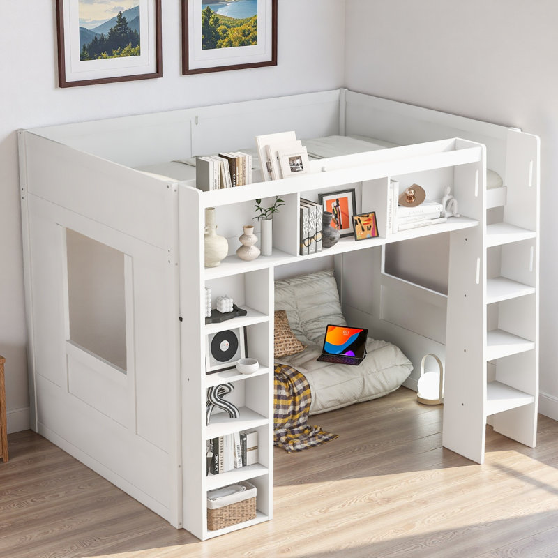 Lit mezzanine en bois avec armoires de rangement et bibliothèques, Blanc