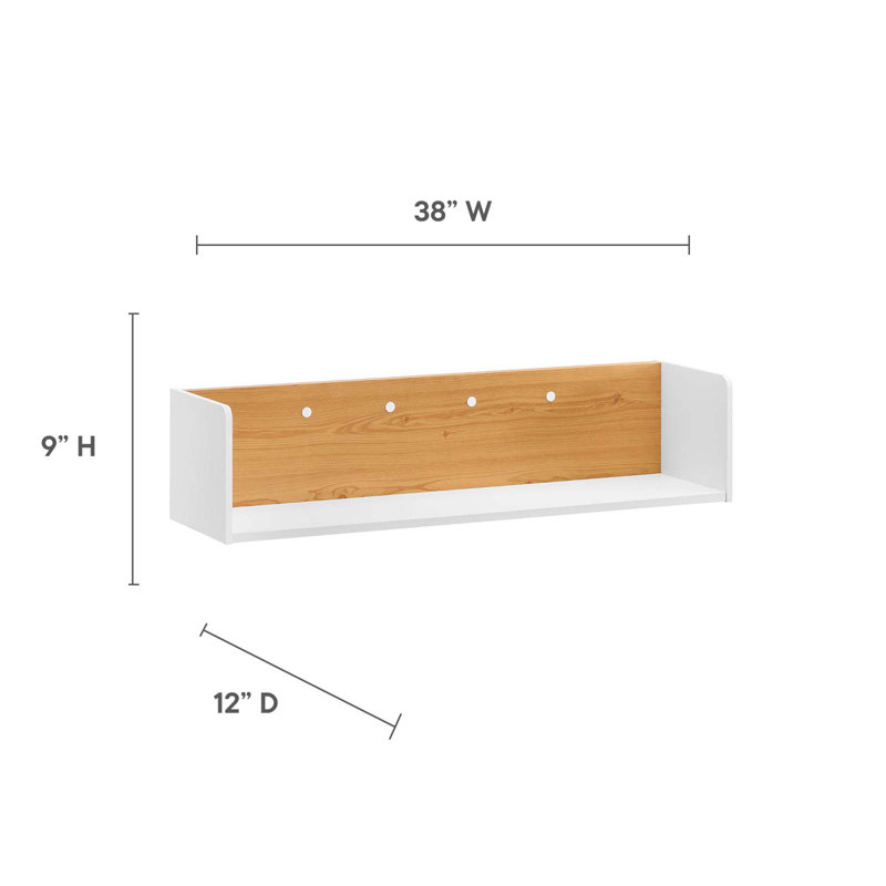 Modway Kinetic Wall-Mount Office Desk With Cabinet and Shelf, White/Natural, 27" H x 87" W x 18" D