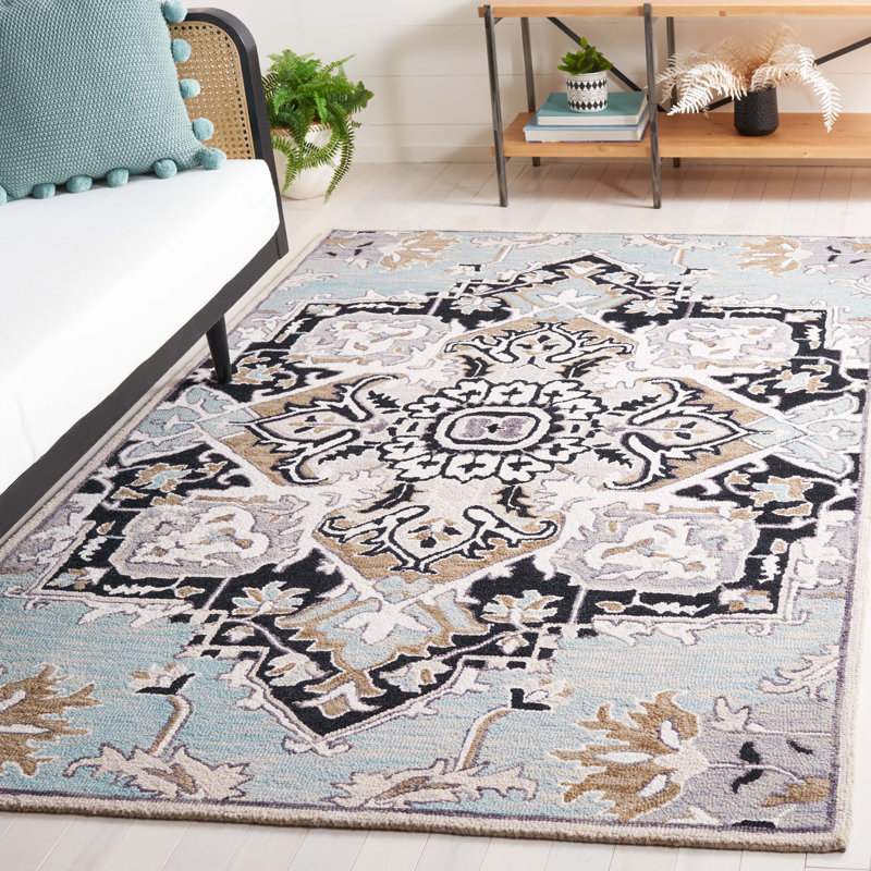 Frederikson Tufted Wool/Cotton Southwestern Rug in Black/Blue/Brown, Rectangle 5' x 8'