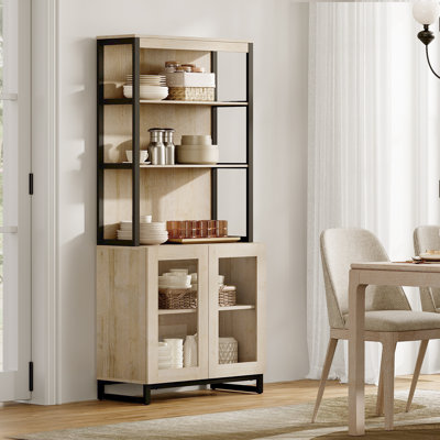 Buffet moderne de 72 po avec portes en verre et tablettes réglables, armoire de rangement multifonctionnelle avec rangement et tablettes ouvertes pour la salle à manger ou la cuisine