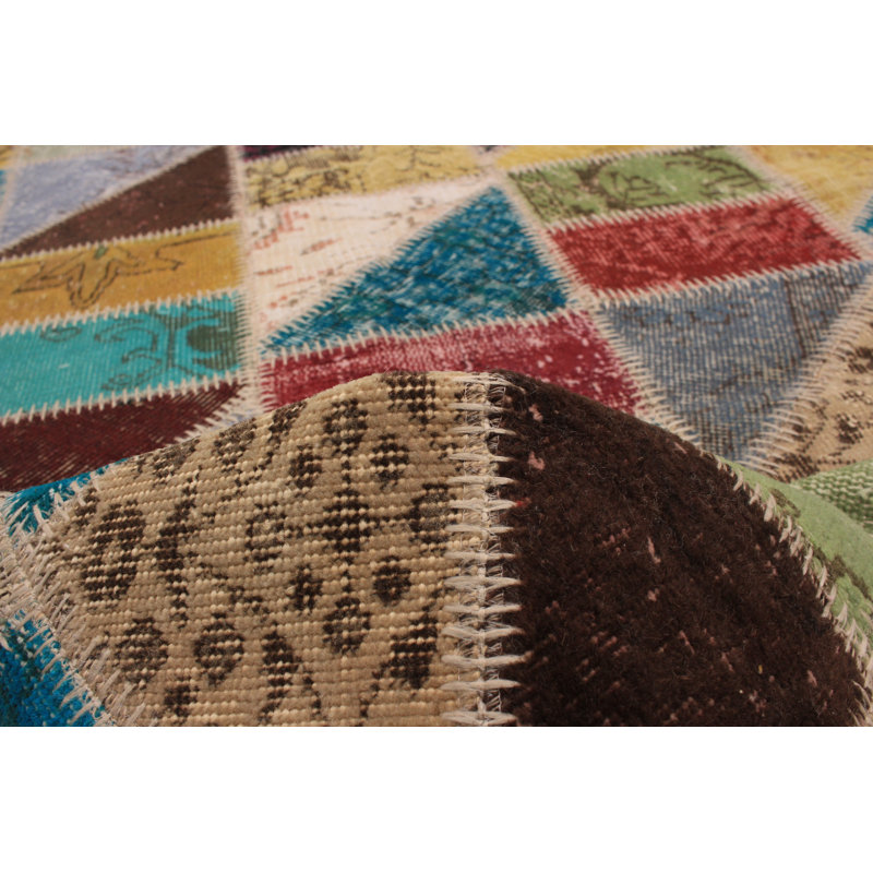 Tapis unique en laine noué à la main bleu foncé / mauve / gris de style patchwork des années 2010 de 4 pi 6 po x 6 pi 8 po Kamraan