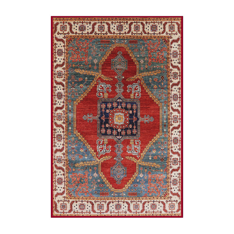 Tapis rouge / ivoire / bleu, Rectangle 5 pi x 7 pi