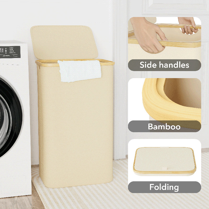 Beige Collapsible Upright Laundry Hamper with Bamboo Handles and Lid