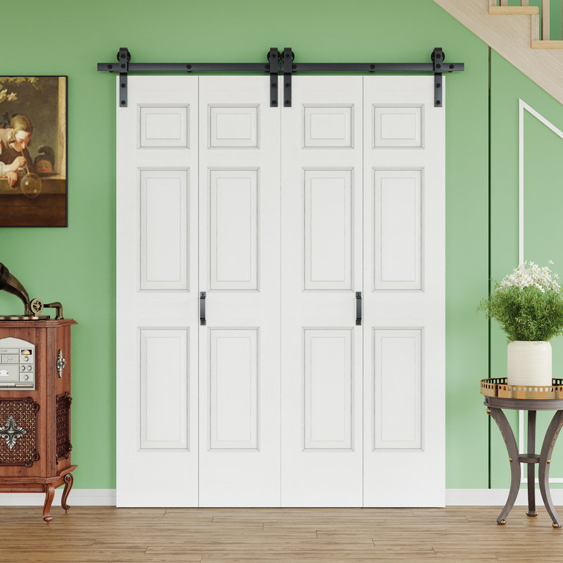 Porte de grange pliante double à 6 panneaux en treillis, en bois manufacturé préassemblée, 80 po x 84 po, avec trousse de quincaillerie d'installation (idéale pour les petits placards, garde-manger, buanderie et salle de bain)