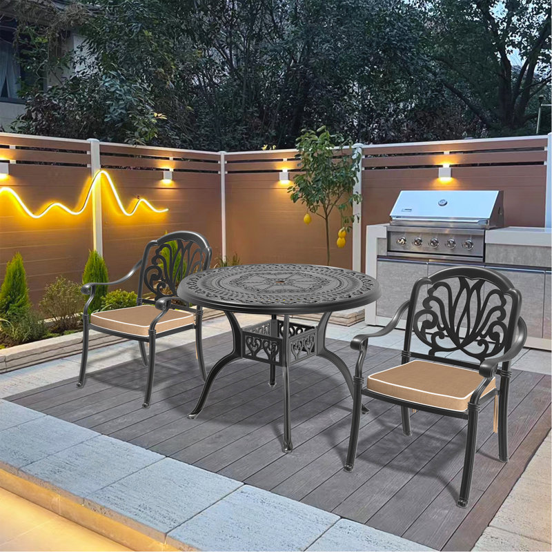 Ensemble de 3 meubles de patio en aluminium coulé avec coussins bruns, 2