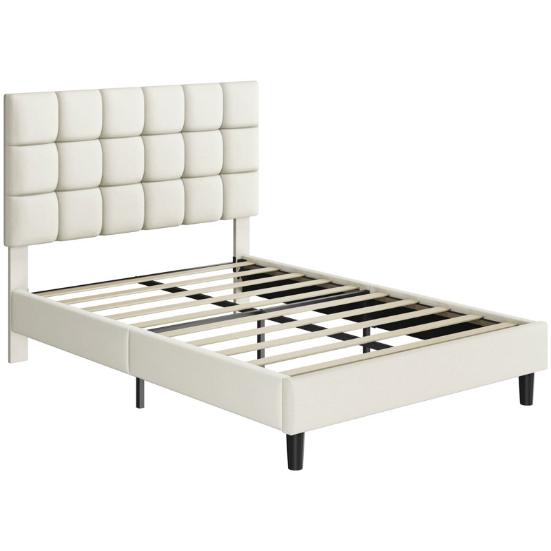 Size Modern Upholstered Bed Frame with Adjustable Square Tufted Headboard, Double (4'6), Beige