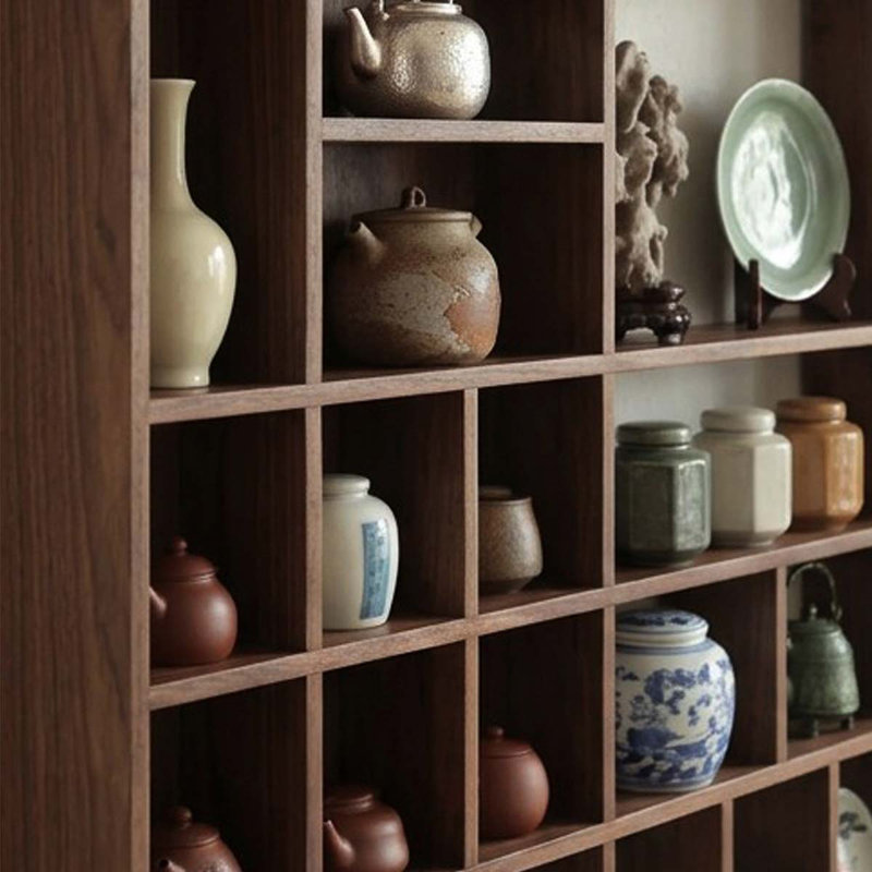 Étagère murale en bois massif au fini noyer foncé, vitrine à plusieurs compartiments de style Song pour salon de thé ou décoration de salon