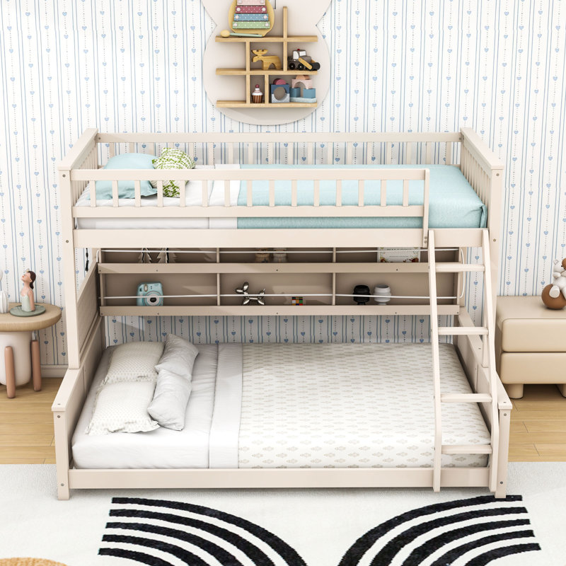 Bunk Bed with Shelving, Color-Changing Lights and Pegboard, Beige, Twin XL Over Queen