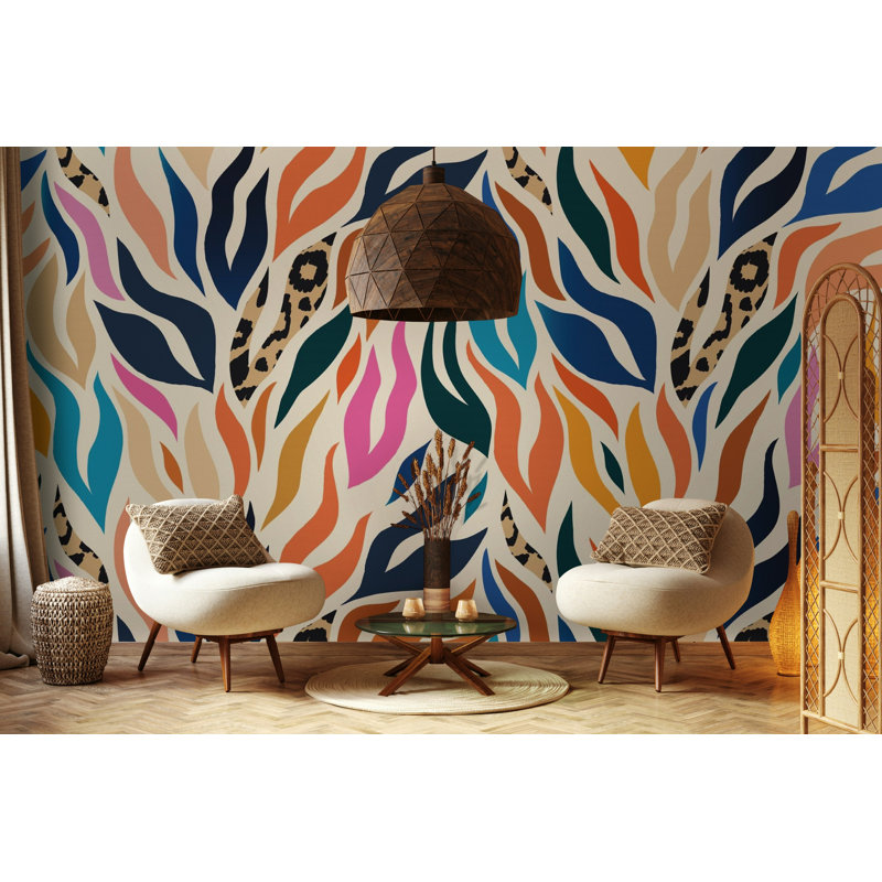 Colourful Abstract Leaf Print Wallpaper with Leopard, 115" L  x 225" W