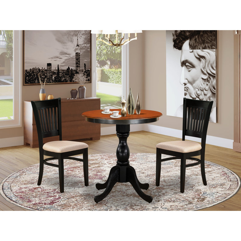 Ensemble de table de cuisine 3 pièces pour petits espaces comprenant une table de salle à manger ronde avec piédestal et 2 chaises rembourrées en tissu de lin, 30 po x 30 po, noir et cerise