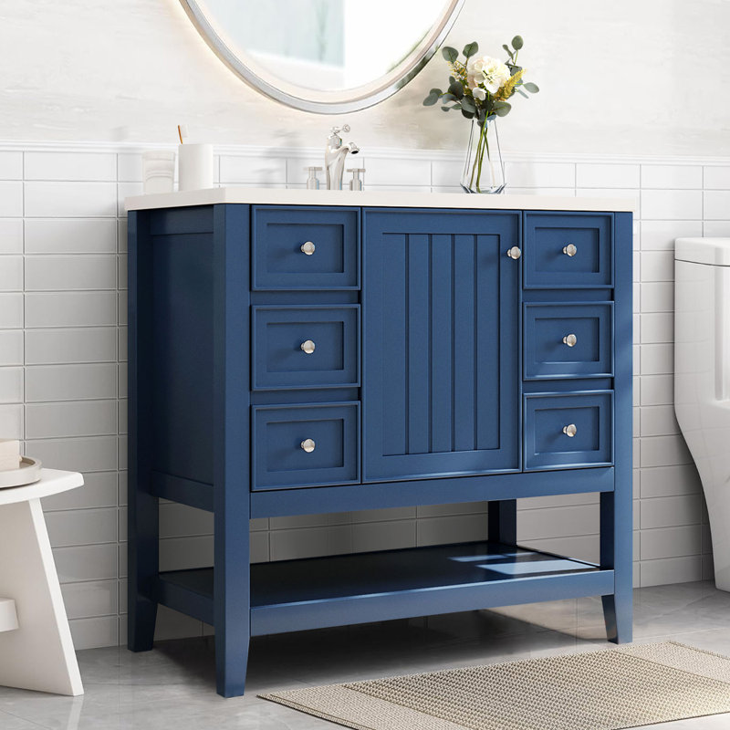 Ensemble de meuble-lavabo avec lavabo, une armoire et trois tiroirs, Bleu
