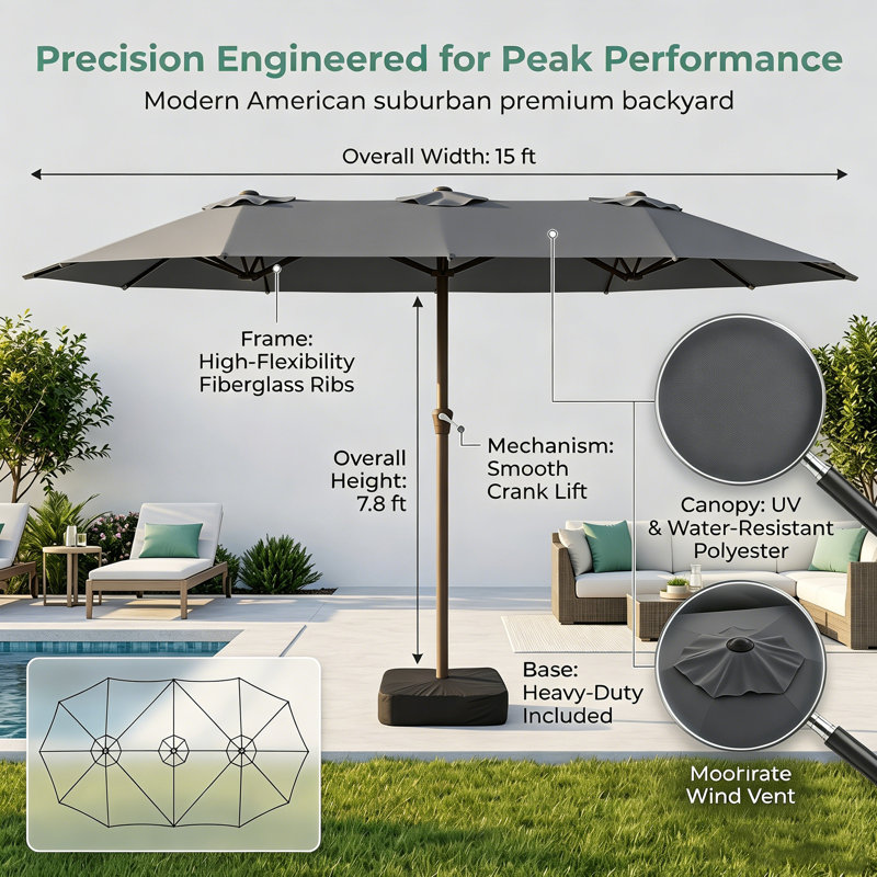 Grand parasol de patio extérieur 180 po x 108 po avec base, Gray
