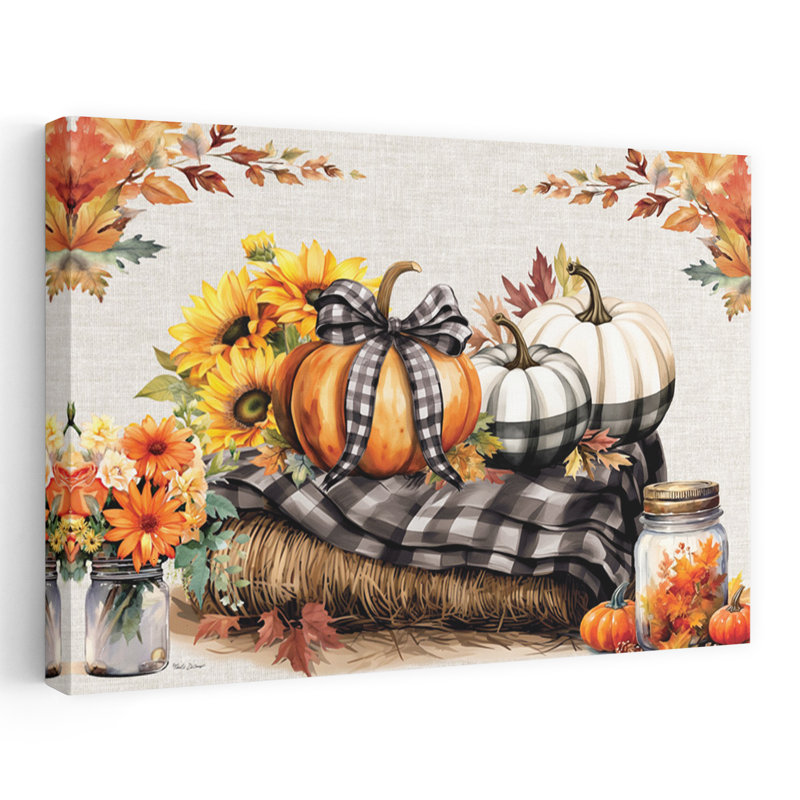 Automne, citrouilles écossaises sur fond de fleurs de tournesol contemporain abstrait, H 16 po x l 24 po