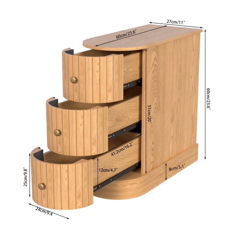 Sofa End Table With 3 Drawers, Narrow Arch Side Table With Storage, Slim Nightstand, Natural