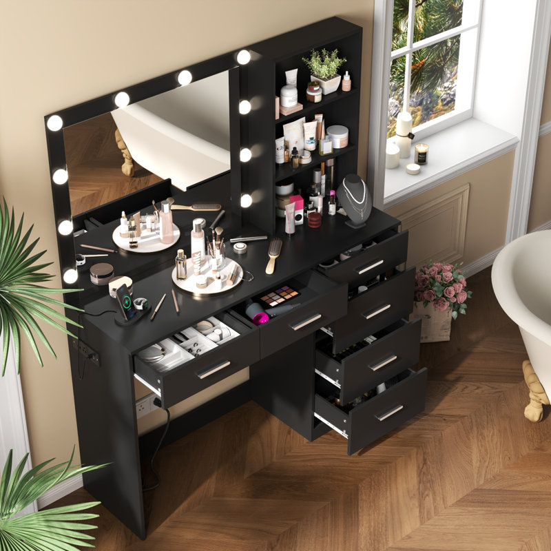 Bimini Vanity Desk with Storage Shelves, 6-Drawers Dressing Table, Black