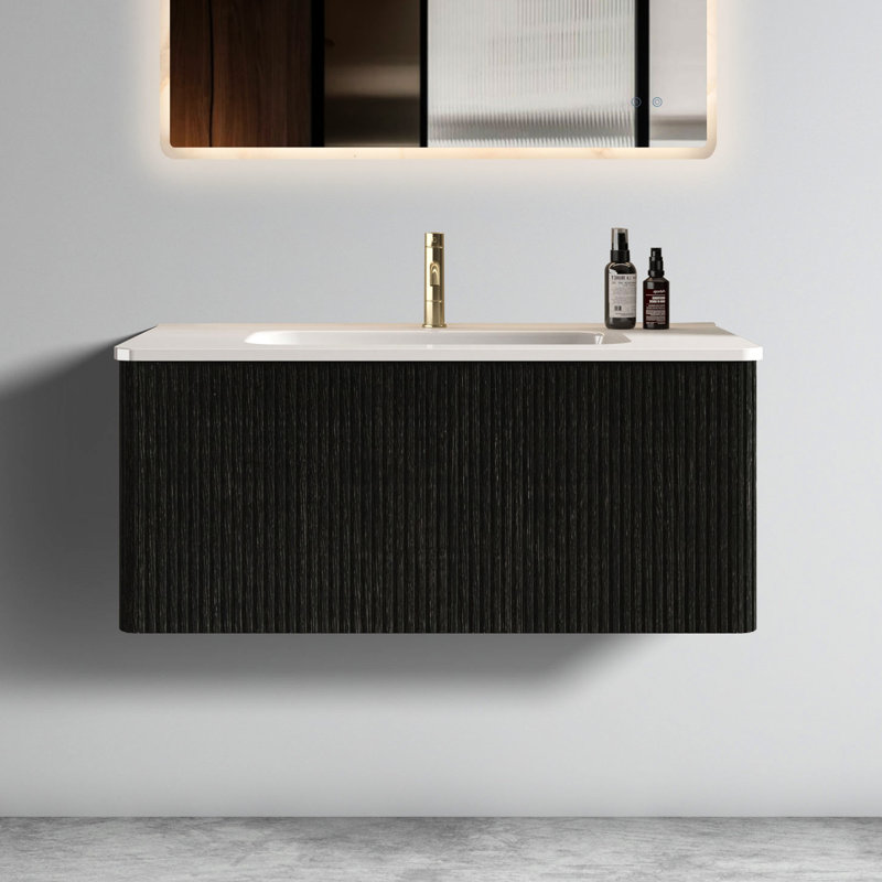 Bathroom Vanity For Modern Bath - 36" With Striped Brushed Black Oak, White Ceramic Sink Pre-Assembled Sink, Seamless Integration