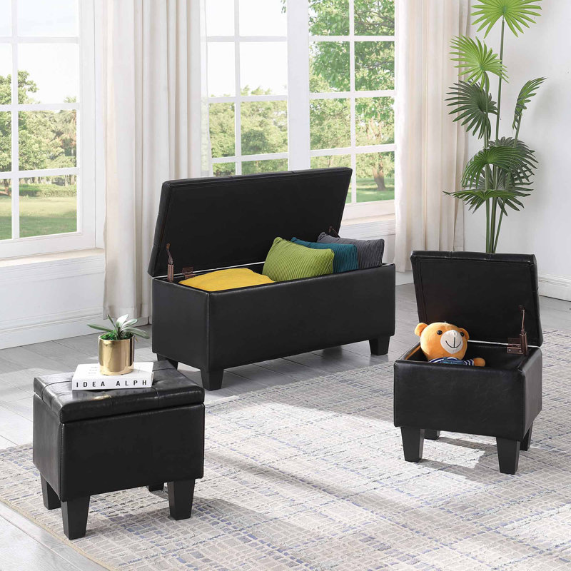 Repose-pieds de rangement rembourré 3 pièces Deiara, Tissu noir
