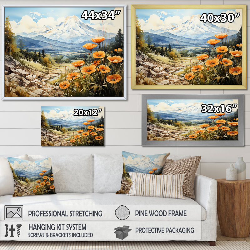 Buttercups Charm In Mountain Scenery I - Buttercups, impression d'art mural, Toile tendue, H 24 po x l 32 po x P 1 po