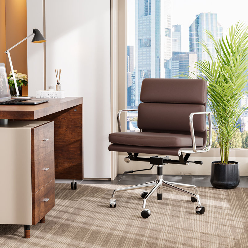 Genuine Leather Office Chair, Conference Chair With Ergonomic Lumbar Back Support, Brown