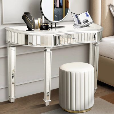 47" Half-Moon Mirrored Table With Fluted Glass And Crystal Knob Drawer, Grey+Silver, Modern Aesthetic, Structure, Suitable For Living Spaces Vanity Bedroom Or Dressing Room, Panel, Construction,
