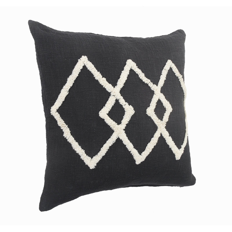 Square Trellis Contrasting Border Cotton Blend Pillow Cover, Polyester/Polyfill, Black Geometric