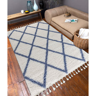 Marquavius Shaggy Geometric Design White Blue Carpet Machine Made Polyester Area Rug
