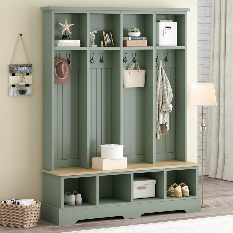Hall Tree 59.02" Wide With Bench And Storage, Green