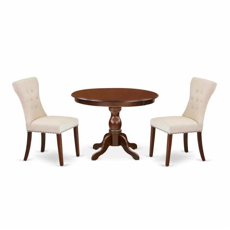 3 Piece Dining Room Furniture Set Contains a Round Dining Table with Pedestal and 2 Light Beige Linen Fabric Upholstered Chairs, 42x42 Inch, Mahogany